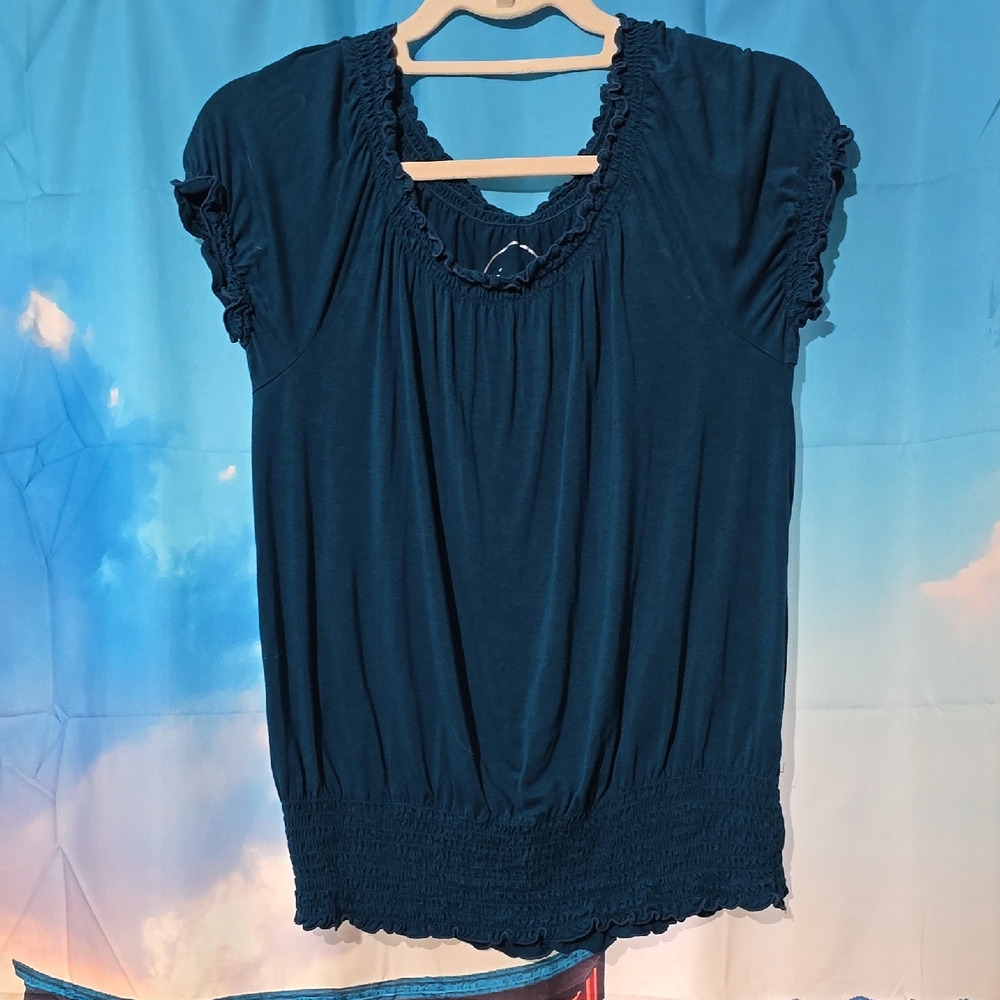 INC International Concepts Blue and Green Flutter Sleeve Blouse